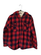 Fleece Lined Red Plaid Flannel Shacket Jacket Hood Women Large Outdoor Camping