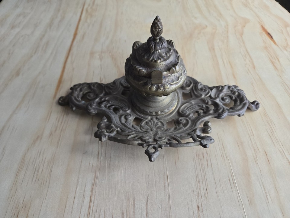 Vintage Antique Ornate Brass Desk Inkwell Victorian Decor