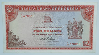 1970 Reserve Bank of Rhodesia Zimbabwe 2 Dollars Banknote No K41 670058 P 31