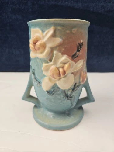1940s Roseville Pottery Green Art Deco Magnolia Vase Double Handle 87-6 EXC!