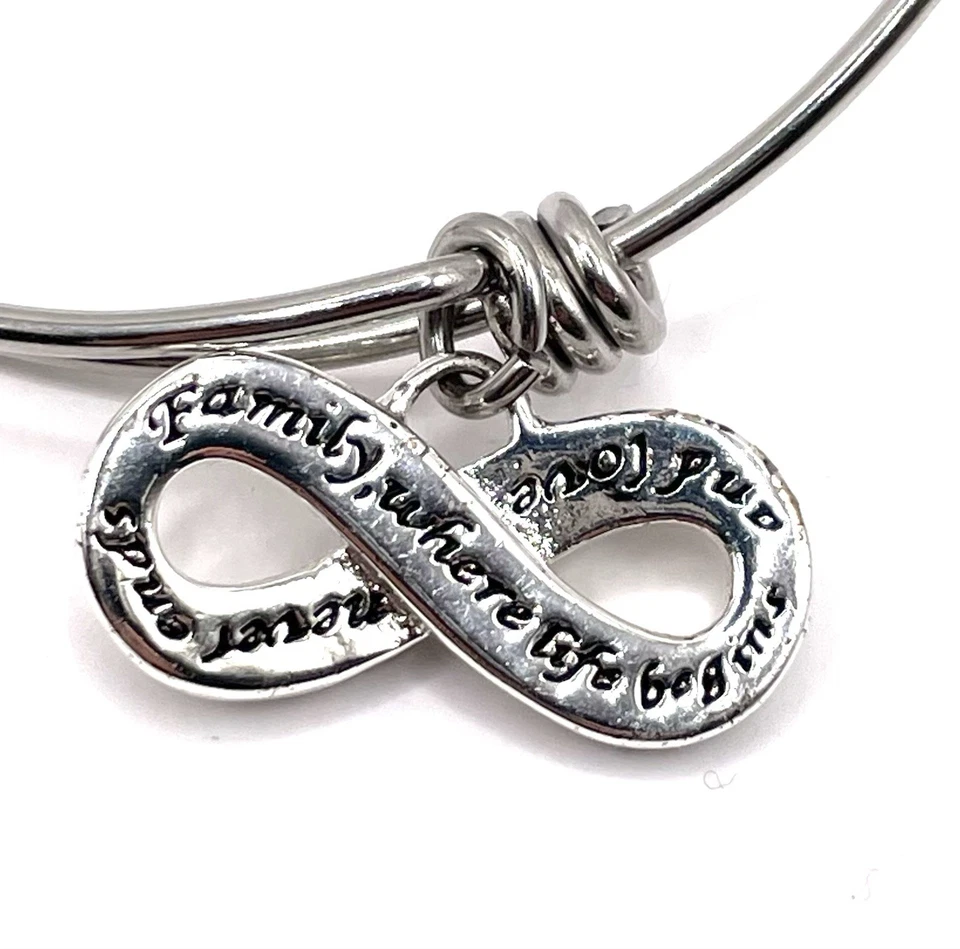 Silver Plated/Stainless Steel Expendable Bangle Bracelet W Family Infinity Charm - Image 4 of 4