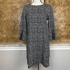 Banana Republic Shift Dress Women Medium Glen Plaid Bell Sleeve Black White Work