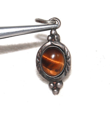 Natural Tiger Eye Brown Gemstone Sterling Silver Vintage Pendant 1.25 Inch