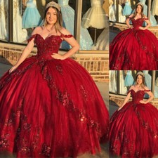 Red Rose Quinceanera Dress Princess Sweet 16 Beaded 3D Flower Party Ball Gowns