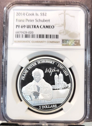 2014 COOK ISLANDS SILVER 2 DOLLARS FRANZ PETER SCHUBERT NGC PF 69 ULTRA CAMEO