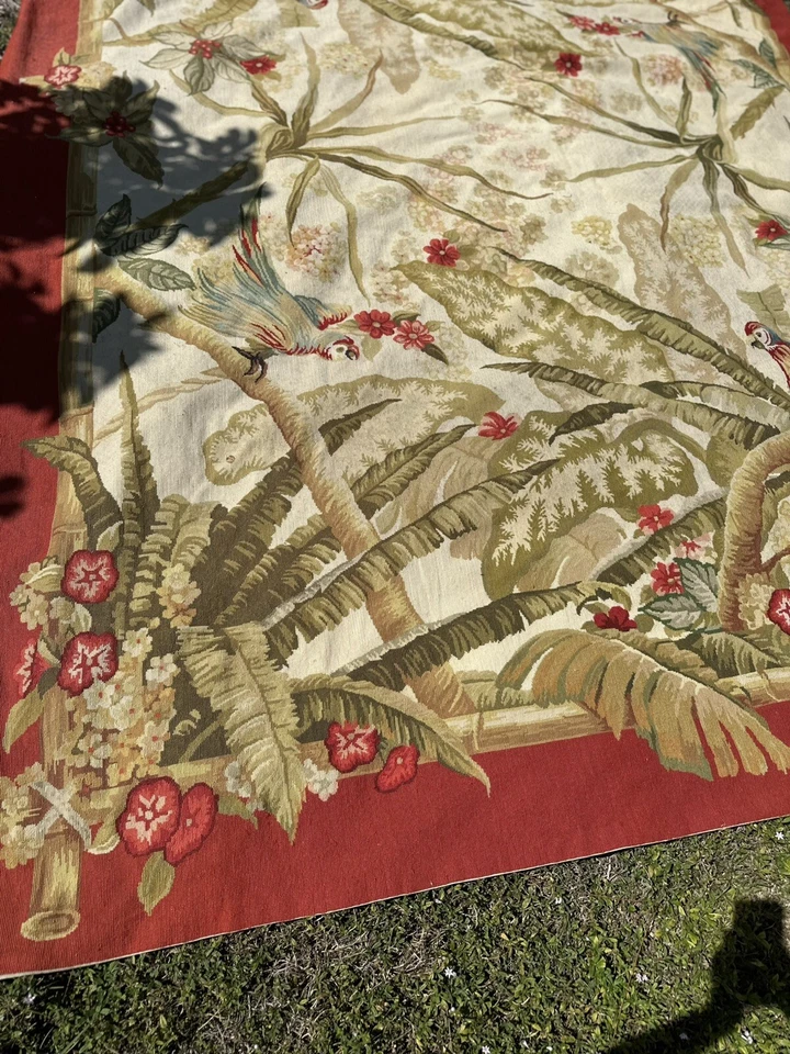 "Alfombra de lana Aubusson tejido plano multicolor vintage punta de aguja 143""X 107""" Foto 3 de 4