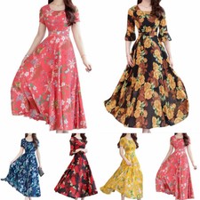 Ladies Casual Maxi Dress Long Floral Print Beach Holiday Sundress Women's Summer