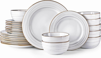Juegos de vajilla de cerámica, 24 piezas de gres elegante con relieve