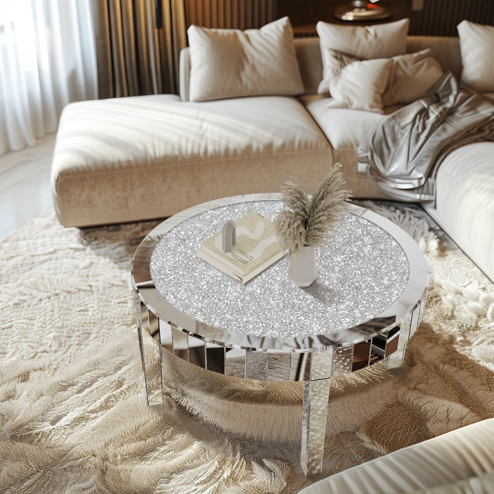 80CM Round Mirrored Coffee Table Large Decorative Bling Crushed Diamond Tabletop - image 4 of 4