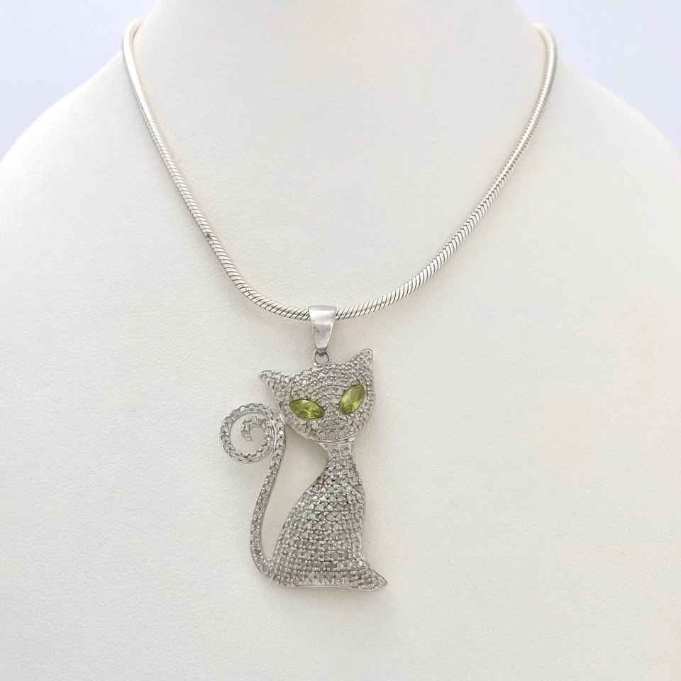 Sterling Silver Genuine Diamond Peridot Eyes Kitty Cat Pendant Necklace 18in - Image 3 of 4