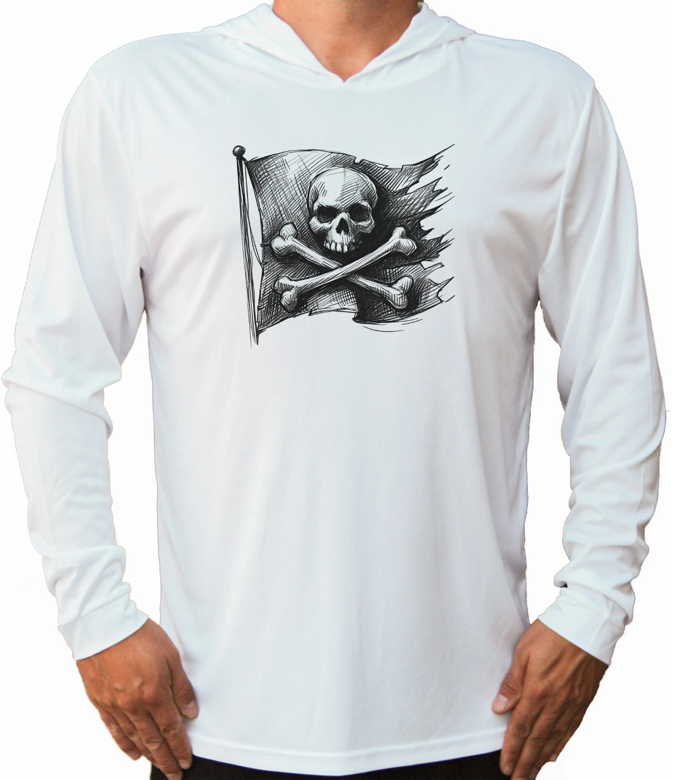 Pirate Flag Skull Nautical Sea Boat UV Protected UPF 50 Long Sleeve T-Shirt Hood