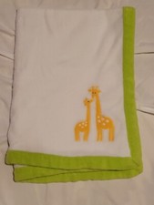 Carter's Giraffe White Minky Soft Plush Baby Blanket Green Border Ribbed EUC