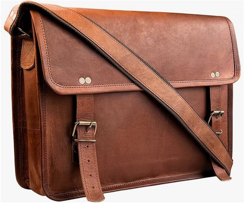 RUSTIC TOWN Messenger Bag - Full Grain Leather Laptop Satchel Shoulder 14” Brown