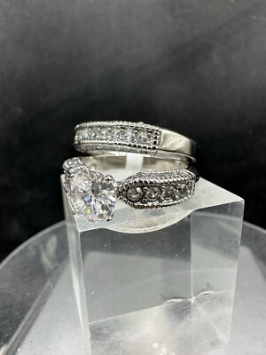 Damen Ring Set CZ Verlobung Ehering Edelstahl Silber 2 Stück Neu 1318