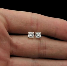 1.00 Carat Princess Cut VVS1/D Lab Created Stud Earrings 6mm 14K White Gold $395