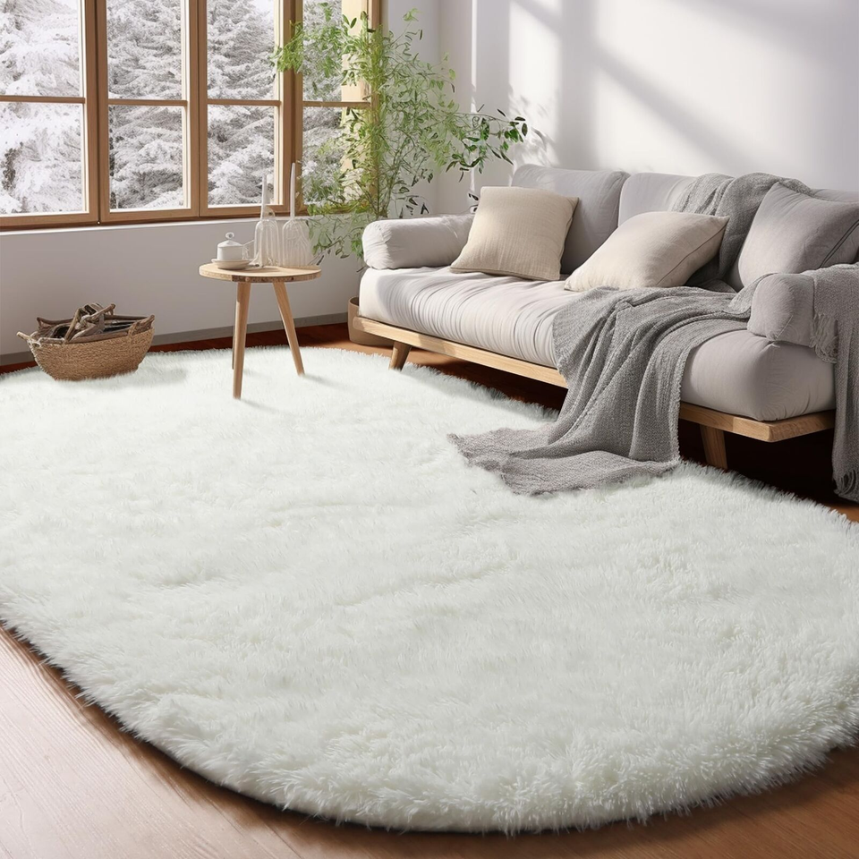 Luxury Cream Oval Rug for Living Room, 5X7 Large Fluffy Shaggy Shag