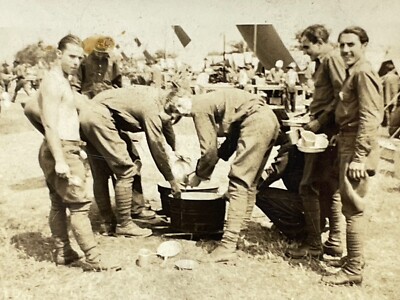 WC Photograph Handsome Men Candid View Military Washing Dishes After Meal 1940s