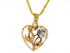 10k or 14k Gold Tri-color Heart Rose Flower Leaf Charm Pendant