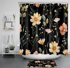 Green Plant Yellow Wildflower on Black Shower Curtain Bathroom Accessories Set