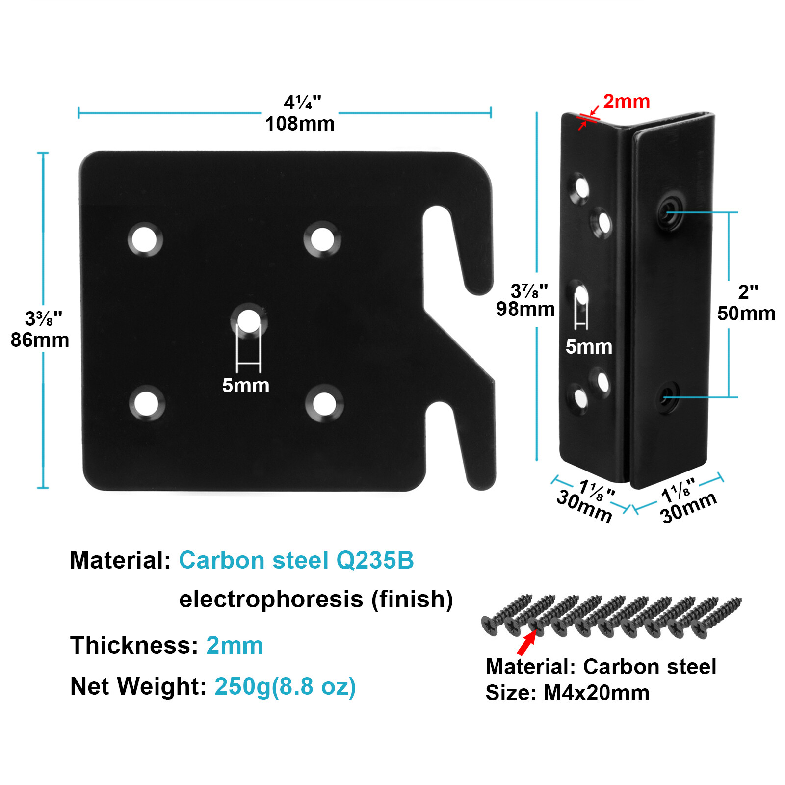 4 Sets Black Bed Frame Bed Post Double Hook Slot Bracket, Steel 3⅜"× 4¼