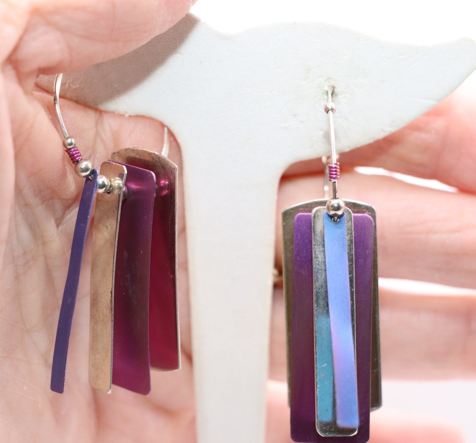 Purple Blue Silver Rectangle Shape Bead Wire Hoop… - image 6
