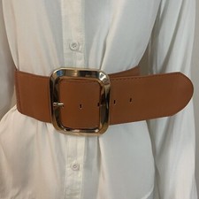 Brown faux leather chunky square buckle elastic waistband belt