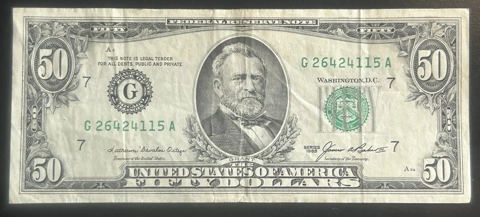 (VINTAGE!) $50 Old Vintage Small Head Chicago Currency G26424115A Series 1985 - Image 2 of 4