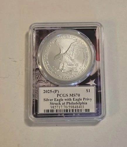 2025P Silver Eagle with Eagle Privy PCGS MS70 American Flag Label ASE
