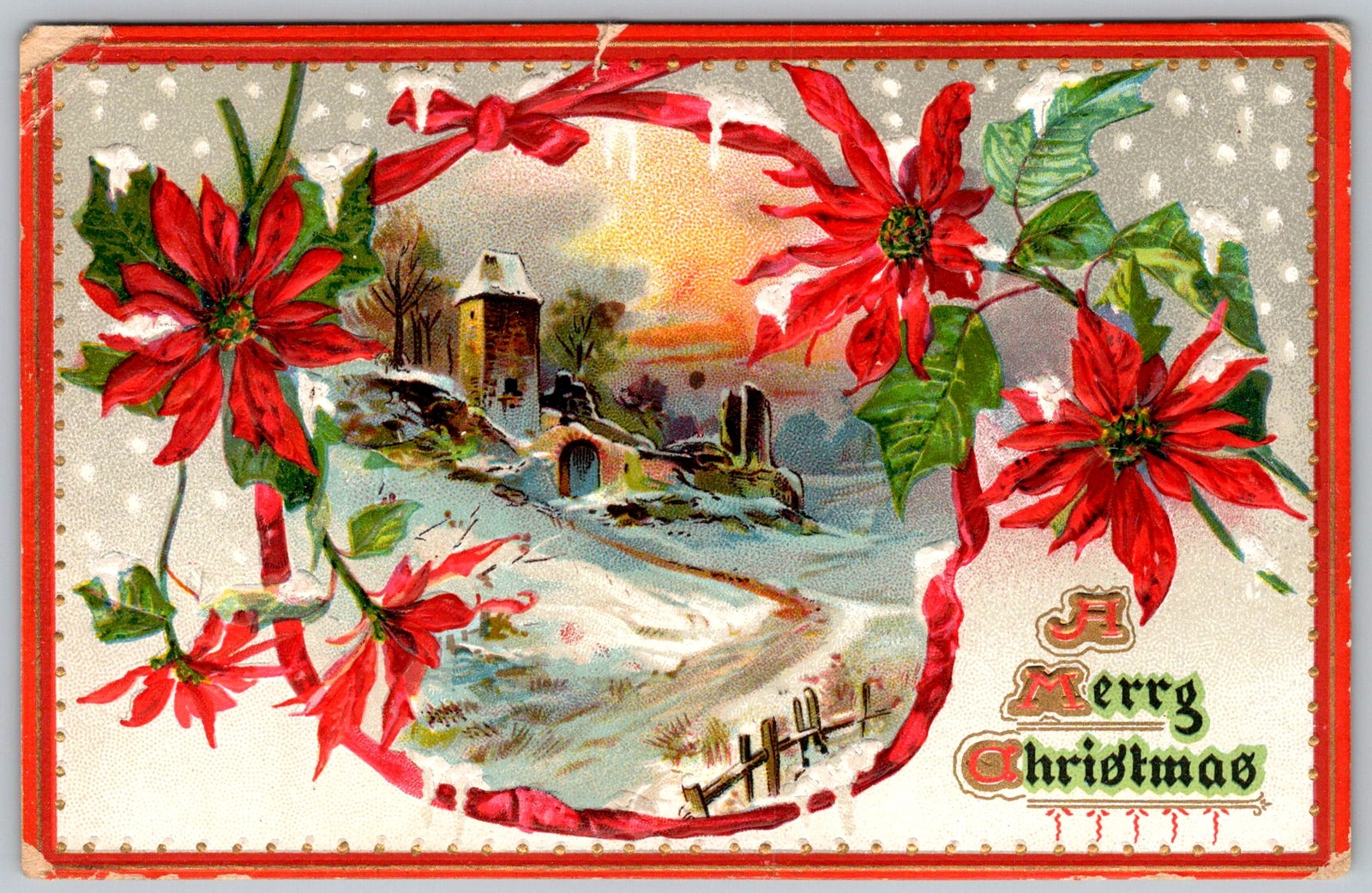 Antique Postcard Poinsettia Snowy Village Scene Monroe City, MO 1910s