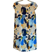 Italian Linen Shift Dress Bottega Moda Size M Abstract Colorful Modern Pockets