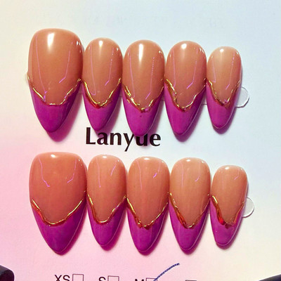 Purple/Beige French Almond Press-On Nails, Medium, Shiny Pre-Designed Full Cover