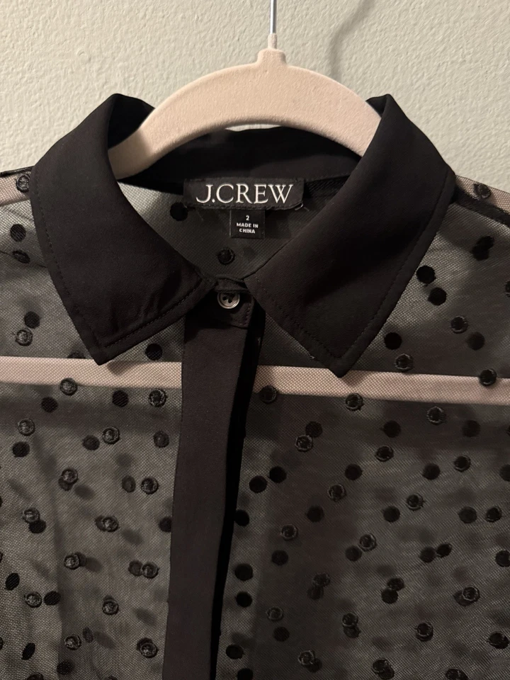 Blusa J.CREW Negra Lunares Transparente - Talla 2 - Elegante Top de Malla Manga Larga Foto 3 de 4