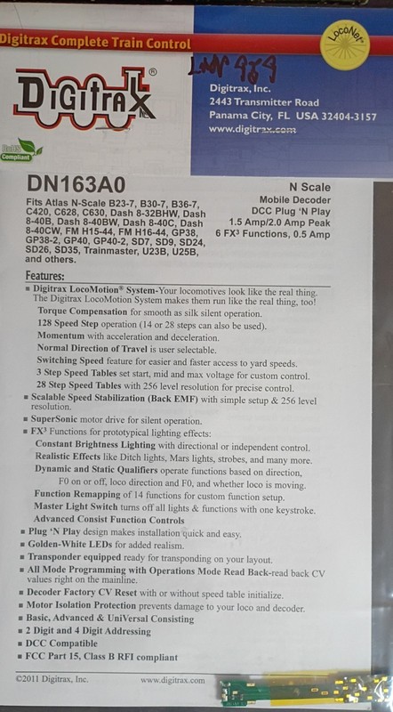 Digitrax DN163A0 N Scale DCC Locomotive Decoder Plug 'N Play Function Lot# A845