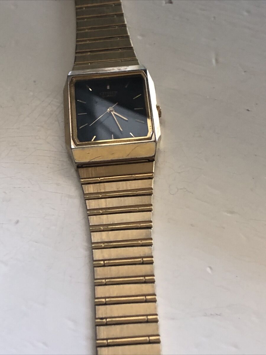 VTG Citizen CQ Tank Watch Men 25mm Black Dial Gold Tone VTG Citizen CQ Tank Watch Men 25mm Black Dial Gold Tone