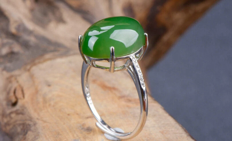 B14 Anello Verde Giada Argento Sterling 925 Nobile Elegante Regolabile - Immagine 2 di 3