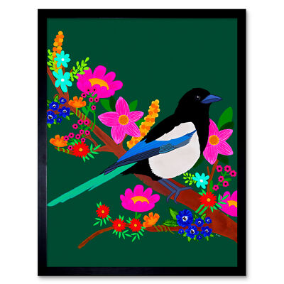 Elster Blumen bunte Natur gerahmter Wandkunstdruck 9 x 7 Zoll