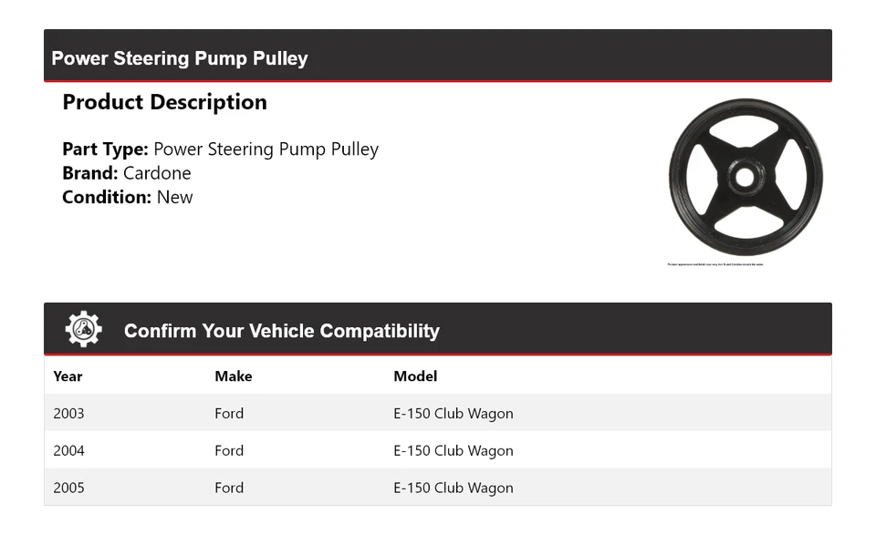 For 2003-2005 Ford E-150 Club Wagon Power Steering Pump Pulley Cardone 2004 - Image 2 of 4