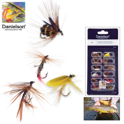 DANIELSON 12pc ASSORTMENT TROUT FLY FISHING FLIES SIZE 10 HOOK HAND TIED CARDED