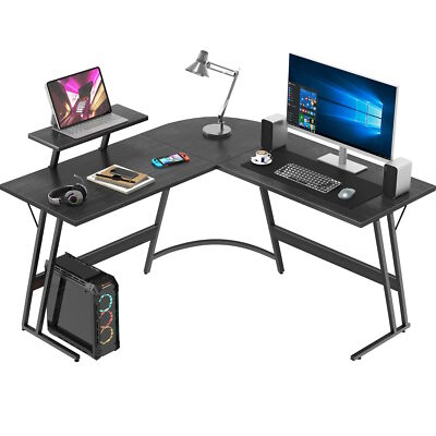Black Wooden L Shaped Corner Desk Laptop Computer Gaming Table Monitor Riser