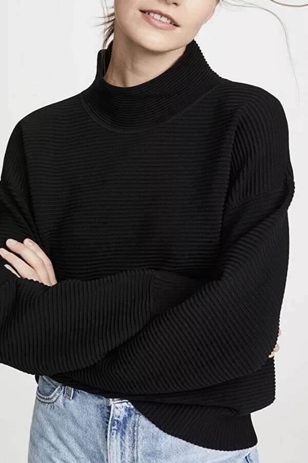 New Nagnata Black Rib Organic Cotton Polo Neck Pullover XS Yoga Sports Knit Top