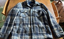 JC Penney Vintage 70s Shirt Mens Large Blue Plaid Flannel Fleece Lined USA EUC