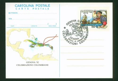ITALY 1992 POSTCARD USED FDC 1ST DAY COLOMBIAN CELEBRATIONS GENOA