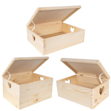 Wooden Storage Box with Hinged Lid | Heart Handles | 3 Sizes | Natural Wood