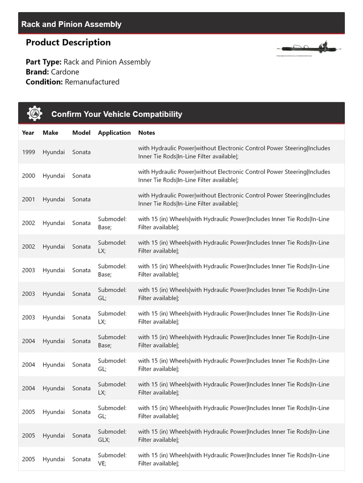 Montaje de piñón y cremallera para Hyundai Sonata 1999-2005 Cardone 2000 2001 2002 Foto 2 de 4