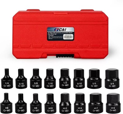 C&T 16 Piece 3/8-Inch Drive Low Profile Impact Hex Driver Set,Sae/Metric,1/4 