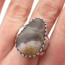 925 Sterling Silver Antique Art Deco Real Agate Oxidized Ring Size 9.75