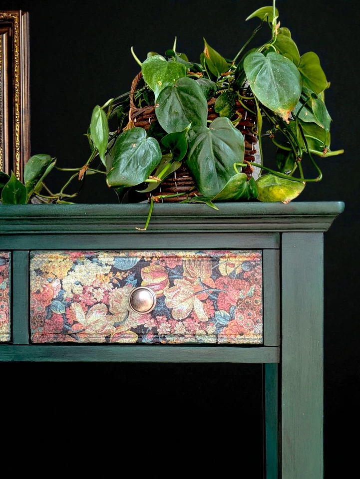 Hand Painted Green Console Table with Decoupaged Floral Drawers – Botanical - Image 3 of 4