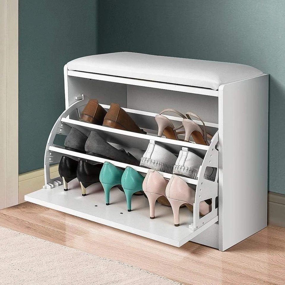 Panca Scarpiera Salvaspazio Legno Bianco 3 Ribalte con Seduta EcoPelle - Immagine 2 di 4