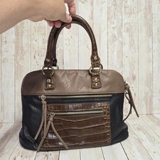 Bueno Black Brown Croc Embossed Satchel Handbag Double Handle Large READ