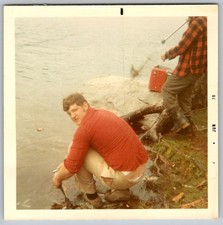 Vtg Color Snapshot Man Fishing Riverbank Red Shirt 1970